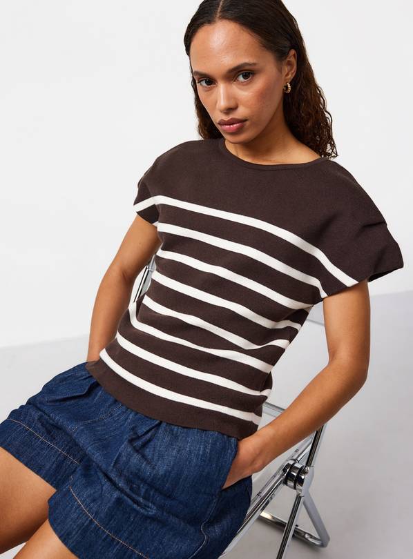 Brown Stripe Shoulder Pad Detail Knitted Top XS